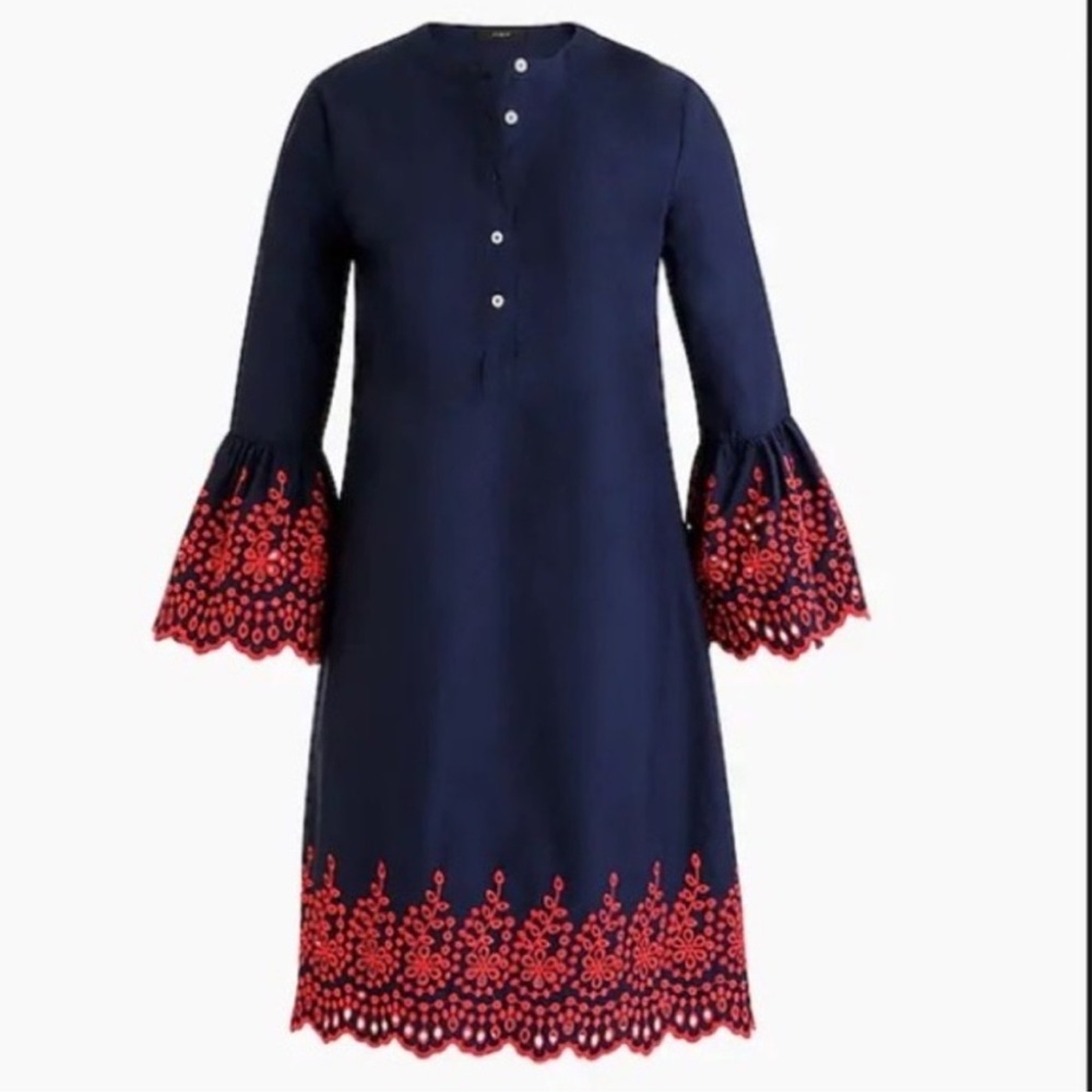 J.Crew Embroidered Eyelet Bell Sleeve Shift Dress in navy blue with red XS